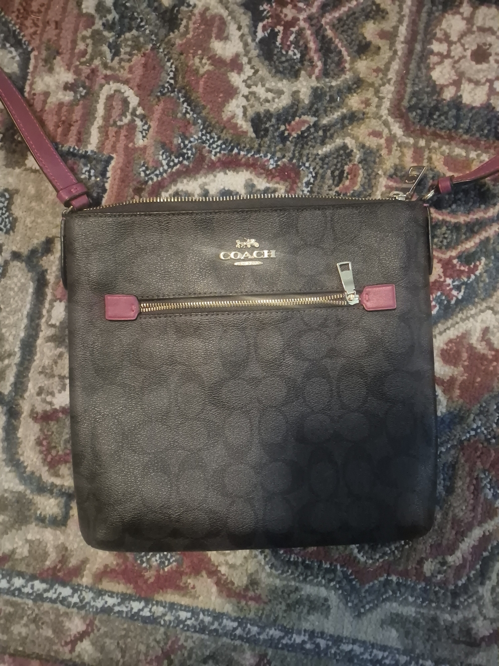 Coach Signature Crossbody Bag in Black with Burgundy Trim